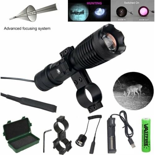 940nm 5w IR Weapon Light LED Night Vision Zoomable Infrared Radiation Focus Hunting Flashlight+18650+Charger+Switch+Mount+Case