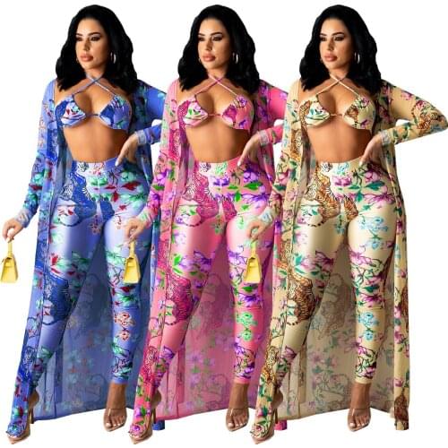 Women print long sleeve cardigan Long Trench And Halter Crop Tops Bodycon pants summer 3 piece set womens suits Outfits