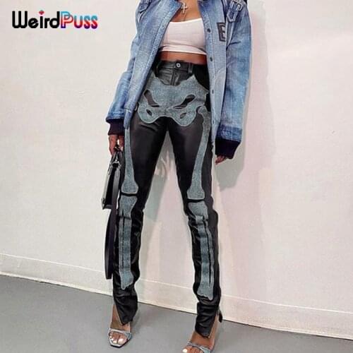 Weird Puss Skull Denim Print Faux Leather Trousers Women Casual Side Split Zipper Pencil Pants Stretchy Hipster Vintage Bottoms