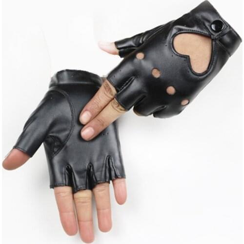 Women Semi-finger Hip-hop Gloves Punk Artificial Leather Driving Biker Fingerless Mittens Heart Cutout Dance Motorcycle Gloves
