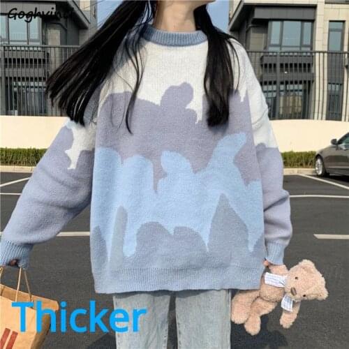 Women Pullovers Thickening Couple Printed Oversize Lovely Fresh Warm Preppy Style Leisure Chic Sportswear Sweater Females Autumn
