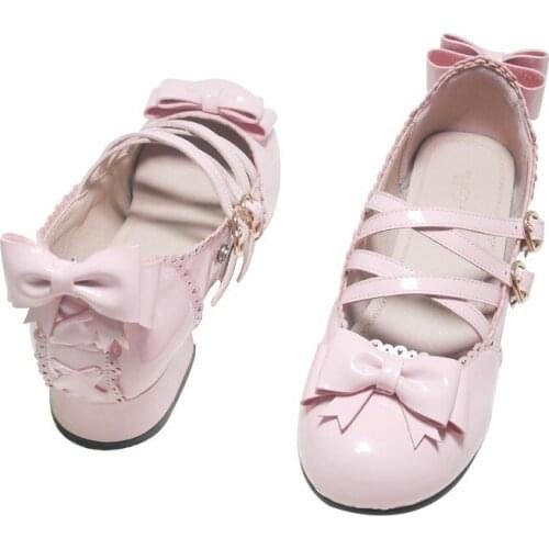 Japanese Ladies Kawaii Girl Sweet Lolita Shoes Vintage Round Toe Cross Bandage Women Shoes Cute Lace Bowknot Kawaii Loli Shoe
