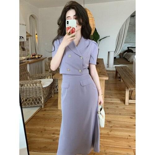 Solid Women Suit Skirt 2 Pieces Set Office Ladies Work Fashion Summer Short Puff Sleeve High Waist Straight Calf Length Skirt
