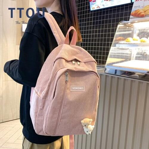 Corduroy Backpacks For Women 2021 Fashion Winter Casual Style Ladies Solid Color Back Pack Female Harajuku Girls School Backpack
