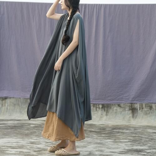 Johnature Women Sleeveless Dress Loose 2021 Summer New O-Neck Soft Loose Women Robes Solid Color Vintage Cotton Dress