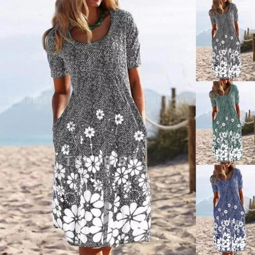 Womens New Clothes Printing Casual Round Neck Loose Dress Retro Floral Short-sleeved Dress Plus Size Hedging Skirt Robe Femme