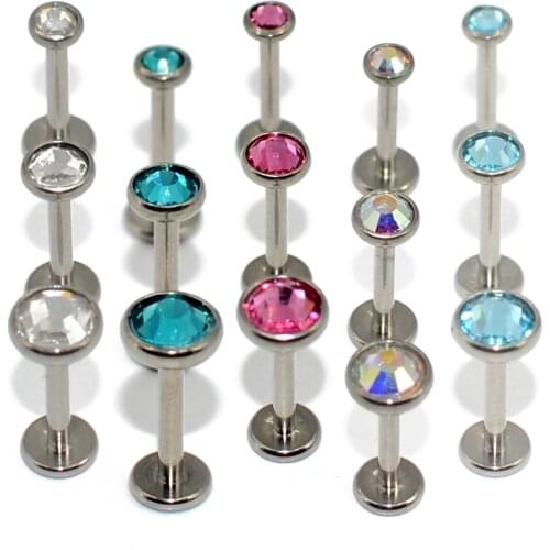 CHUANCI 1 pc 100% Titanium Internally threaded Flat CZ Gem Labret Lip Ring Crystal Ear Cartilage Tragus Helix Piercing Earring