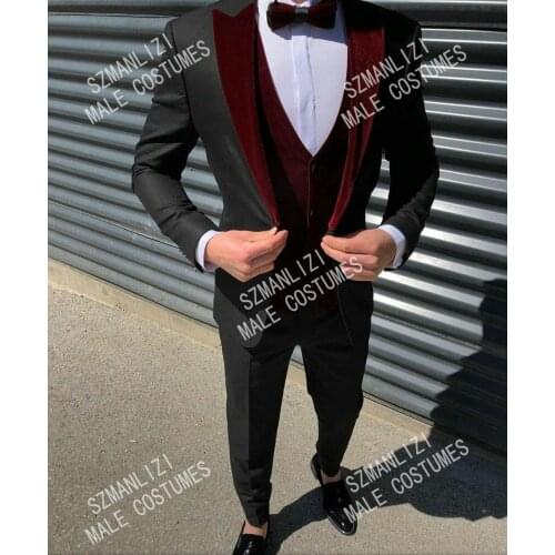 2020 Black 3 Pcs Mens Suits Wedding Tuxedos Custom Made Burgundy Velvet Groomsmen Suit Mens' Business Formal Groom Wear Best Man