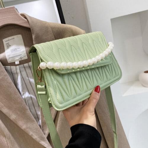 2021 Pearl Chain Strap Handbags For Women Designer Pu Leather Shoulder Bag Plaid Simple Female Crossbody Bag Small Square Bag