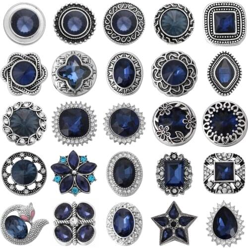5pcs/lot New 18mm Snap Buttons Jewelry Rhinestone Mixed Ink Blue Buttons Snap Jewelry Fit 18mm Snap Bracelet Necklace Jewelry