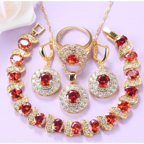AAA+ Quality Gold Color Jewelry Sets For Women Necklace And Bracelet Red Garnet Wedding Ring Sets 8-Colors Bridal Costume