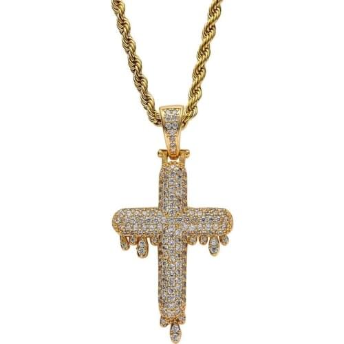 Hip Hop AAA CZirconia Paved Bling Iced Out Water Drop Cross Pendants Necklace for Women Men Rapper Jewelry Gold Silver Color