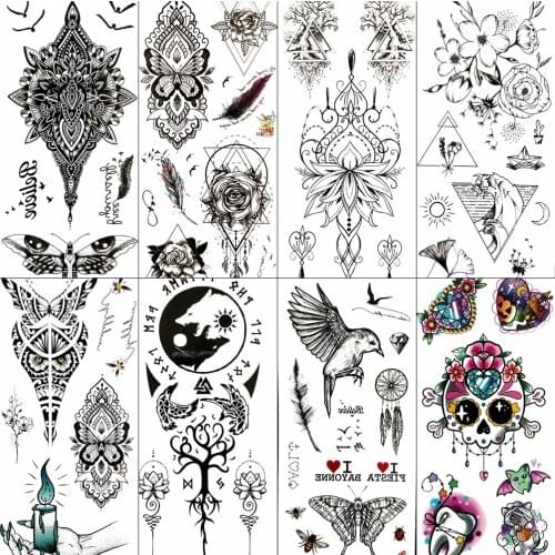 Black Body Art Painting Temporary Tattoos For Girls Women Waterproof Fake Tattoo Tree Wave Birds Kids Tattoo For Children