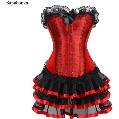 Sapubonva floral lace trim tops corsets and bustiers dresses sexy corset and skirt set big plus size corselet overbust party red