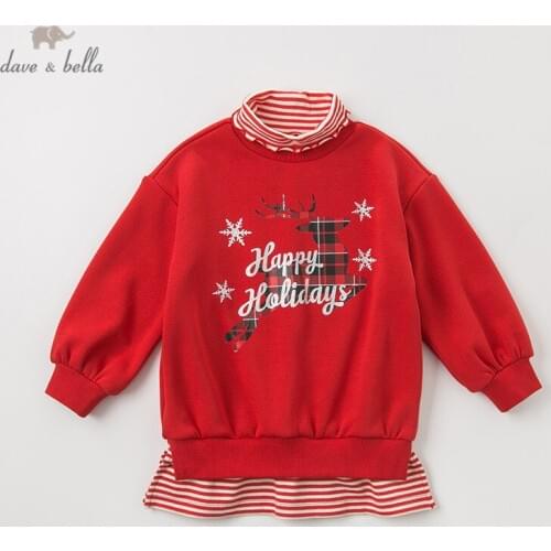 DBK11282 dave bella winter 5Y-13Y kids clothes children Christmas sweet cartoon striped T-shirt girls high quality fashion tees