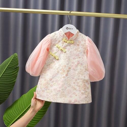 2021 Spring Autumn Baby Tangsuit 1-8 Years Girls Long Sleeve Princess Bow birthday Party Lovely Floral Traditional Chinese Dress