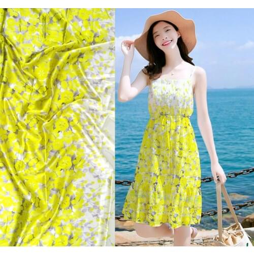 Super Have 19 Momme Designer Yellow flowers Print Satin Fabric wide 140cm Woven Material For Curtain Cloth Dress 97% Silk Fabric