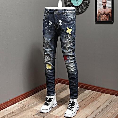 Street Style Fashion Men Jeans Retro Blue Elastic Slim Fit Ripped Jeans Men Embroidery Patch Designer Hip Hop Denim Pencil Pants