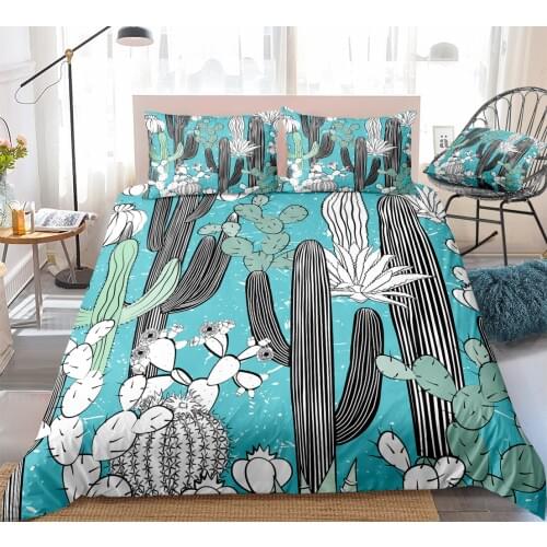 Fanaijia Luxury Blue Flower Bedding Sets Queen Size Cactus Duvet Cover and Pillowcase Summer Comforter Set Color
