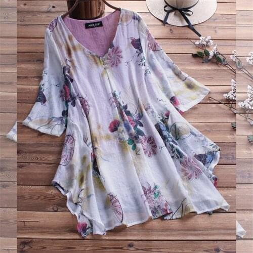 0024 Summer Women T-shirts Retro Floral Printing Cotton Linen Fashion Urban Casual V-Neck Half-Sleeve Daily Comfortable Tops