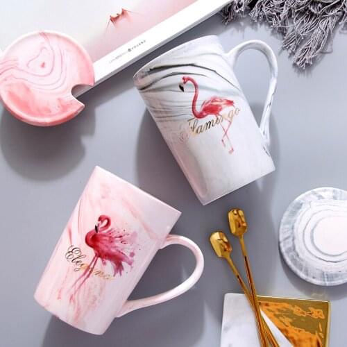 Nordic marbling ceramic cup creative Mug female with cover boy lovers water cup Flamingo coffee cup