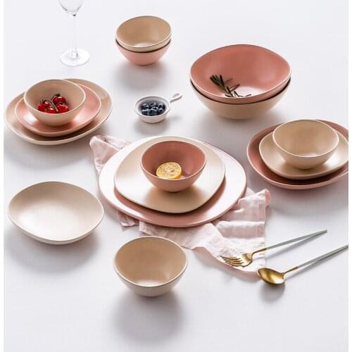 Nordic ceramic bowls and plates tableware irregular pink soup bowl western food set dish plate home dinner plates hotel supplies