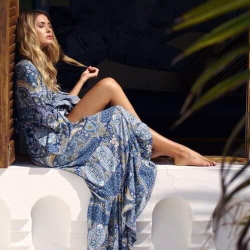 Paisley Blue sky Retro-fashion Classic Maxi Dress Ancient Mystery Pattern FlareSleeve High Waist Adjust Drawstring Long Gown New