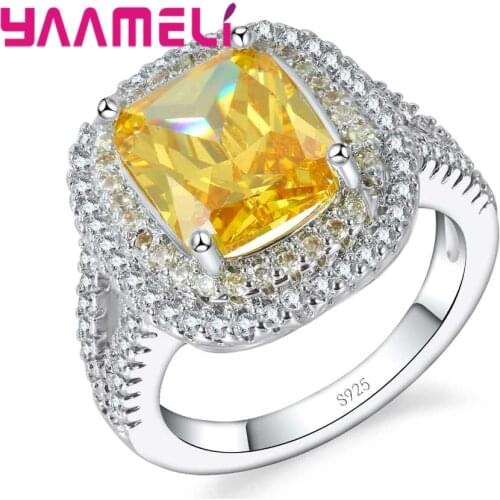 925 Sterling Silver Fashion Simple Yellow Square Crystal Stone Ring Party Wedding Birthday Gift For Women Cubic Zirconia
