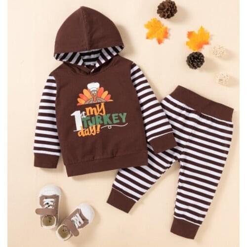 Babies Thanksgiving Day Clothes Set, Brown Printed Pattern Hooded Pullover and Elastic Waist Pants
