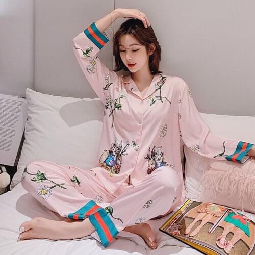 Long-sleeved Ice Silk Home Service Two-piece Suit Thin Section Satin Pajamas Pijama Femme Spring and Autumn New Pajamas Womens