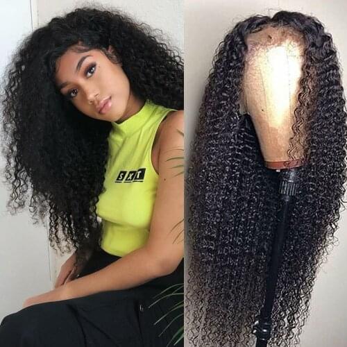 Kinky Curly Lace Front Wig Brazilian Remy Human Hair Wigs Black Colored Human Hair Wigs For Women Pre Plucked 4x4 Closure Wigs