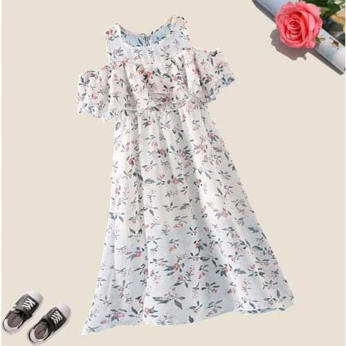 Summer Girls Bohemian Dresses Off Shoulder Floral Print Long Dresses Baby Kids Clothes Holiday Sundresses Girls Outfits Vestidos
