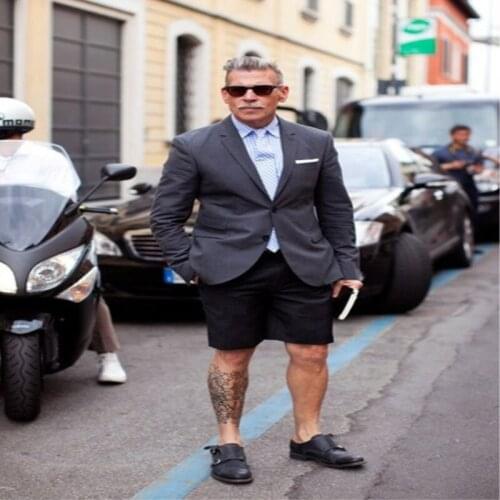 Summer Suits 2020 Stylish Short Pants Men Suit Grey Blazer With Black Pants Casual Tuxedos Terno Masculino (Jacket+Pants)