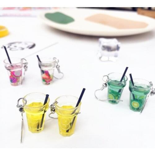 Cute Fruit Tea Dangle Earrings Funny Yellow Green Lemon Drink Cup Drop Earrings for Women Girl Children Jewelry Creative Gift