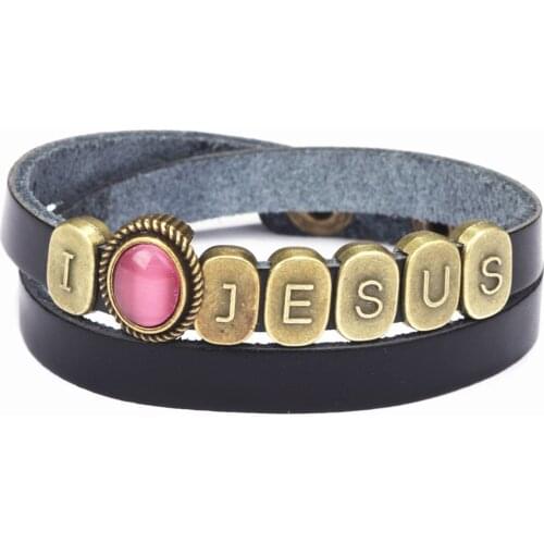 Multilayer I Jesus Stone Wristband Retro Handmade Retro Vintage Leather Men Bracelets Cuff Bangle male Party Jewelry Gift