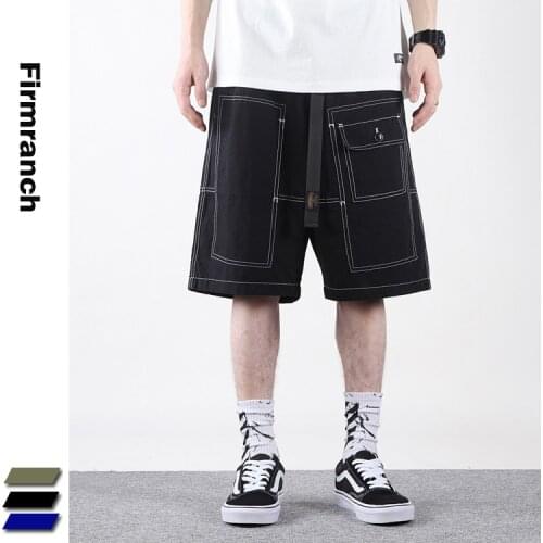Firmranch New Summer Men Loose Short Cargo Pants Multi Pockets Top Stitching Design Elastic Waist Casual Trousers Fifth Shorts