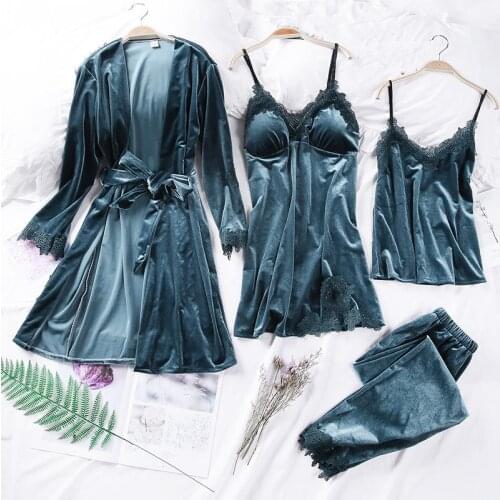 New 4PCS Women Pajamas Sets with Pants Ladies Nightgown Bathrobe Sexy Pyjama Velvet Homewear Negligee Sleepwear Pyjamas Clothing