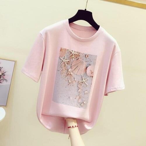2021 summer new sequined diamond bead printing T-shirt female Korean version loose and thin trendy design top