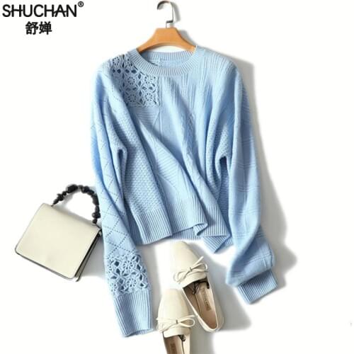 Shuchan New Knitted Sweater Women 100% Cashmere Jumper Female Autumn Long Sleeve Loose Hollow Out Knitted Sweater Tops