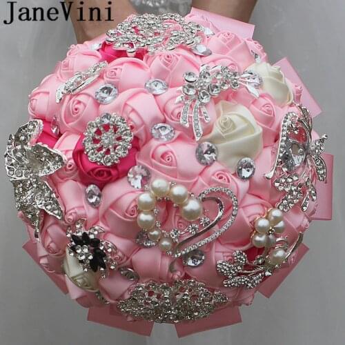 JaneVini Shiny Rhinestone Crystal Wedding Bride Bouquet Pink Flower Bridal Bouquets With Crystal Pearls Beaded Hand Bouquet 2019