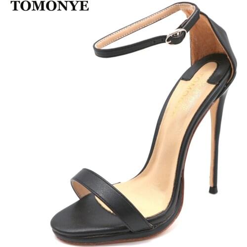 TOMONYE black matte one strap and ankle strap women lady 120mm high heel sandal with 1cm platform hot sale same style as stars