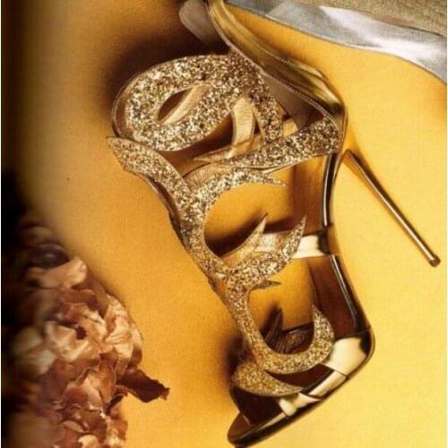 Gorgeous Bling Crystal Glitter Women Sandals Peep Toe Cut-out Stiletto Heels Cage Shoes Gold Thin Heels Wedding Shoes Bride