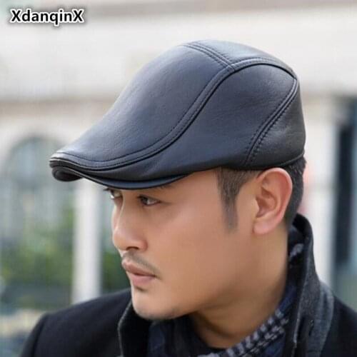 XdanqinX Sheepskin Leather Hat Mens Genuine Leather Berets Autumn Fashion Warm Male Cap Adjustable Size Solid Color Dads Hats