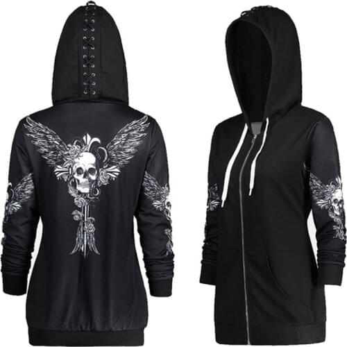 5 Size Spring Autumn Kpop Clothes Black Women Hoodies Sweatshirts Punk Long Sleeve Skull Wings Print Hooded Jacket Zipper Coat