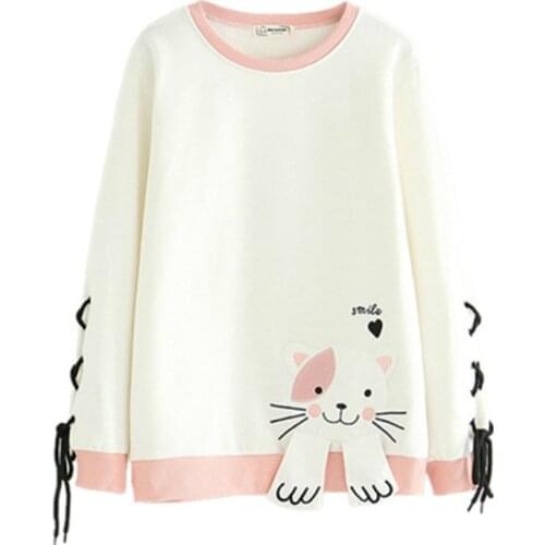 Merry Pretty Women Cartoon Embroidery Hoodies 2020 Winter Long Sleeve O-Neck Lace Up Pullovers Plus Velvet Thick Sweatshirts