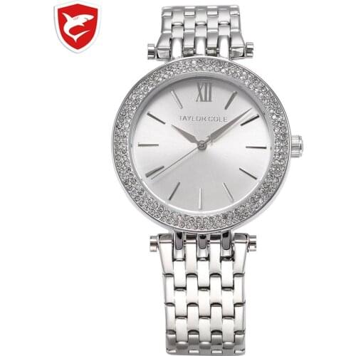 TARLOR COLE Lady Fashion Analog Quartz Steel Dress Casual Bracelet Band Clock Black Crystal Bezel Women Rhinestone Watch / TC004