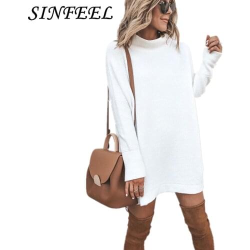 SINFEEL Long Sleeve Turtleneck Knitted Dress Women Casual Autumn Winter White Dress Female Sexy Elegant Pullover Mini Dresses