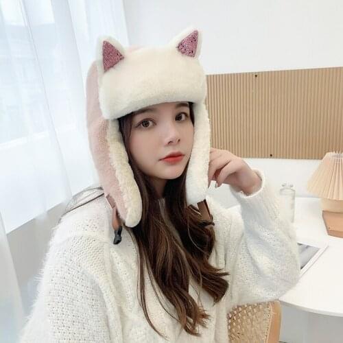 Winter Warm Earmuffs Windproof Cap Lei Feng Cap Thicken Ear-flapped Hat Cashmere Plush Cotton Russian Ears Cap For Women