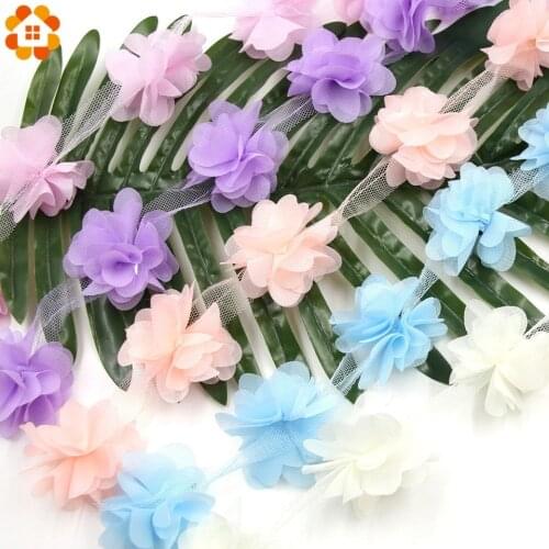 3Yard/Lot 3D Chiffon Cluster Flowers Fringe Lace Trim Lace Ribbon Sewing Organza Fabric DIY Applique Dress Accessaries Supplies