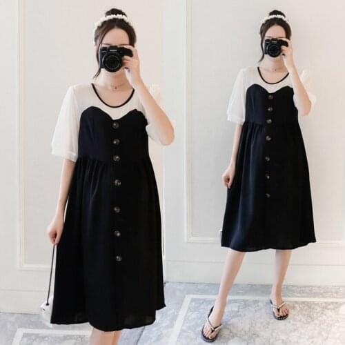 616# Maternity Clothes Summer Short Sleeves Pacthwork Button Open Loose Stylish Dress Pregnant Women Mom Dress